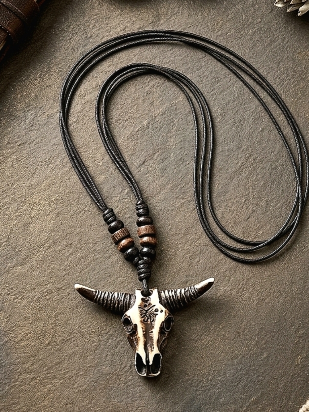 Yak Bone Carved Tribal Horned Bull Skull Head Western Adjustable Cord Necklace